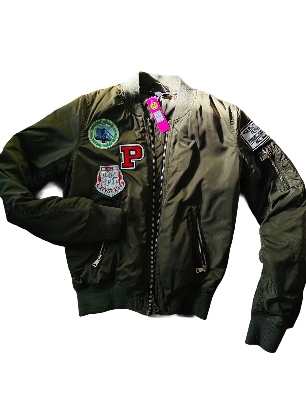 Topshop Olive Green Bomber Jacket with Patch Accents